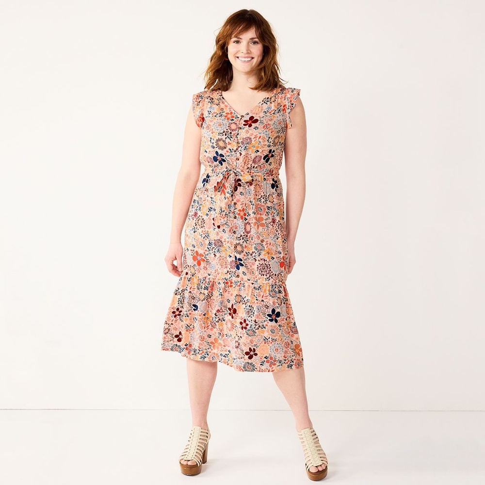 Women's Sonoma Pink Floral Goods For Life Ruffle Midi Boho Toe Waist Dress XL